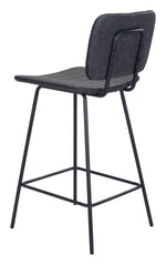 Black bar stool with woven seat and backrest on a white background