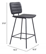Gray bar stool with dimensions labeled