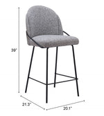 Gray bar stool with black metal legs and dimensions on a white background