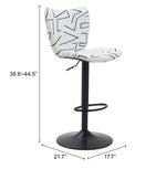 White bar stool with black abstract pattern and measurements on a white background