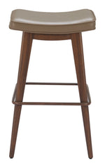 Bar stool with brown wooden legs and beige cushioned seat on a white background
