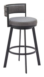 Swivel Barstool – Gray Faux Leather Upholstered Seat with Footrest and Metal Base