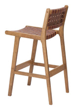 Wooden bar stool with woven backrest on a white background