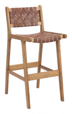 Wooden bar stool with woven seat and backrest on a white background