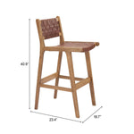 Wooden bar stool with dimensions labeled on a white background