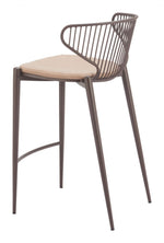 Bar stool with metal frame and beige cushion on a white background