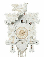 Mechanical Cuckoo Clock in White with Moving Birds and Painted Details
