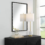 Modern Floating Vanity Mirror – Black Iron with Brass Details, 35.875 Inch Height