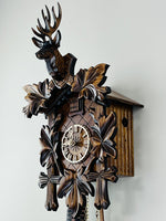 Eight Day Hunter's Cuckoo Clock – 15 in Black Forest Hunter Scene – Mechanical Cuckoo & Hand-carved Details By River City Clocks