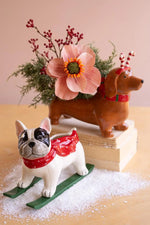 Ceramic Christmas dachshund planter with candy cane headband and glossy glazed finish