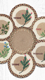 10-inch round trivets featuring various herb patterns in basket