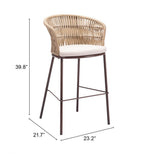 Wicker bar stool with dimensions on a white background