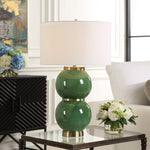 Green Ceramic Sphere Table Lamp with Linen Shade