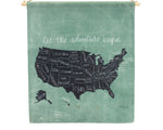 Let the Adventure Begin” Wall Banner – U.S. Map Linen Sign
