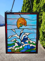 Handcrafted Stained Glass Window Panel with Jumping Angelfish Motif