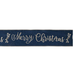Embroidered Merry Christmas Wired Ribbon Blue and Gold Holiday Craft Ribbon