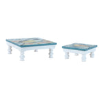 Wooden bird and floral footed pedestal trays for tabletop decor