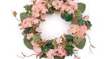 Farmhouse floral wreath with pink hydrangea blooms
