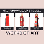 Red gas pump model with clock labeled 'Works of Art' on a beige background