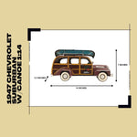 Measurement chart of a 1947 Chevrolet Suburban with dimensions on a beige background