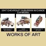 Model of a 1947 Chevrolet Suburban with a canoe on a beige background with text about the model.