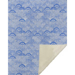 Blue patterned paper with a beige border on a white background