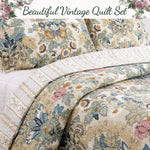 Cotton Reversible Quilt Set with Shams Floral Print