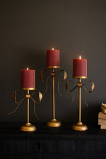 Set of Three Antique Brass Pillar Candle Stands – Bow Detail