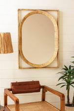 Wooden and Cane Wall Mirror – 34 Inch Height – Oval Insert Design