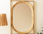 Rectangle/Oval Wall Mirror – 34 Inch Height – Tan Cane and Wood Frame