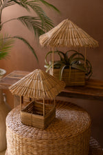 Handmade Seagrass Bird Houses, Rustic Iron-Framed Decorative Set