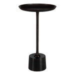 Black side table with a round top and cylindrical base on a white background