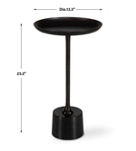 Black side table with dimensions indicated on a white background