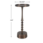 Bronze-colored side table with dimensions on a white background