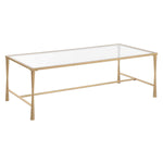 Glass coffee table with gold metal frame on a white background