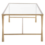 Square glass table with gold metal frame on a white background