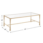 Glass coffee table with gold frame and dimensions on a white background