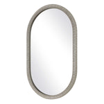 Oval mirror with a textured silver frame on a white background