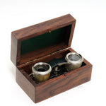 Nickel Plated Opera Glasses – 1.25in Height – Brass Body in Wood Case