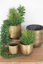 Set of Four Decorative Brass Planters – Aged Metal Pots by Kalalou