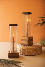 Square Glass Hurricane Taper Holders – Mango Wood Base – Set of 2 by Kalaou