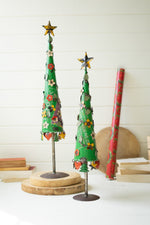 Set of two distressed green recycled iron Christmas trees