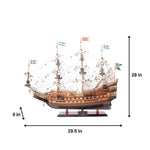 Model ship with dimensions labeled on a white background