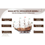 Model ship with promotional text on a white background