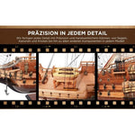 Wooden model ship with close-up details on a white background, featuring German text about craftsmanship.