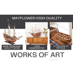 Wooden model ships with text highlighting high-quality wood, handcrafting, and attention to detail.