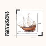 Model of the Mayflower ship with dimensions on a white background