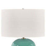 Teal Table Lamp – Round Ceramic Base With Linen Shade – 28.25