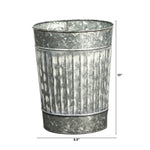 Galvanized metal planter with dimensions on a white background