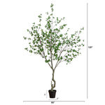 An artificial leafy tree in a black pot shown on a white background with dimension lines indicating 120 inches tall, 55 inches wide, 8 inches trunk width, and 9 inches pot diameter.